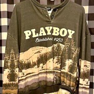 PlayBoy Crewneck Sweater featuring rustic landscape design. (Size: XS/Small)